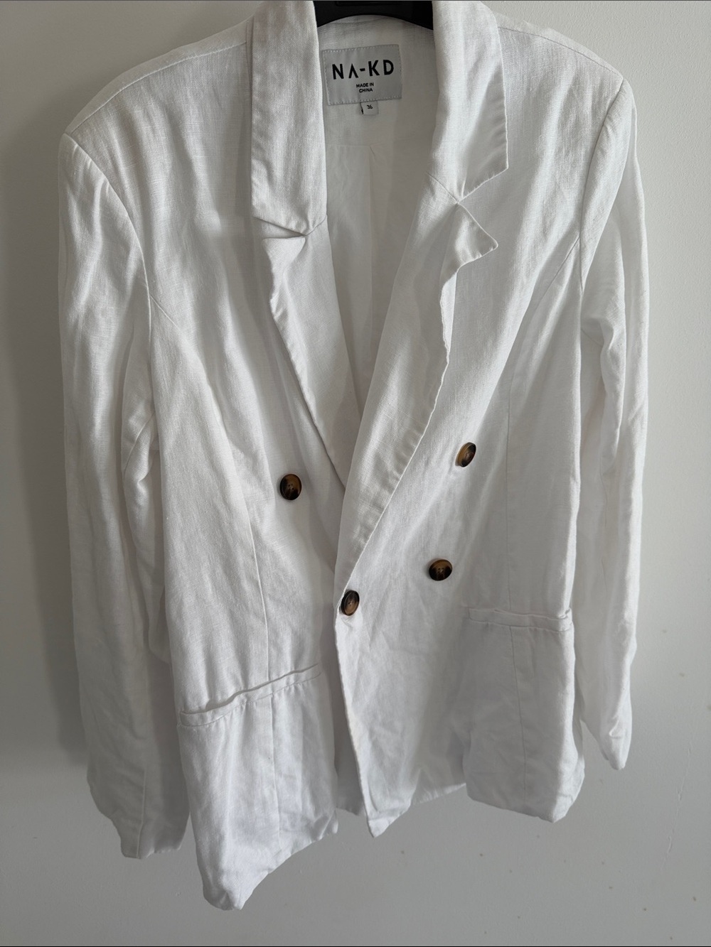NA-KD White Double-Breasted Linen-Blend Blazer